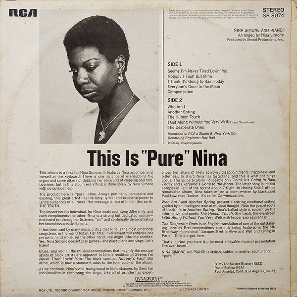 Image of Back Cover of LP - G+/VG - NINA SIMONE, And Piano (RCA Victor Orange; SF8074, UK 1970, Laminated Front Sleeve, Stereo), Strong VG - light marks only. Creasing and small patches of sellotape damage to sleeve.,  - 2726289E