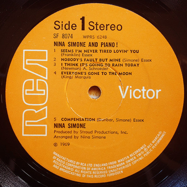 Image of Label Cover of LP - G+/VG - NINA SIMONE, And Piano (RCA Victor Orange; SF8074, UK 1970, Laminated Front Sleeve, Stereo), Strong VG - light marks only. Creasing and small patches of sellotape damage to sleeve.,  - 2726289E