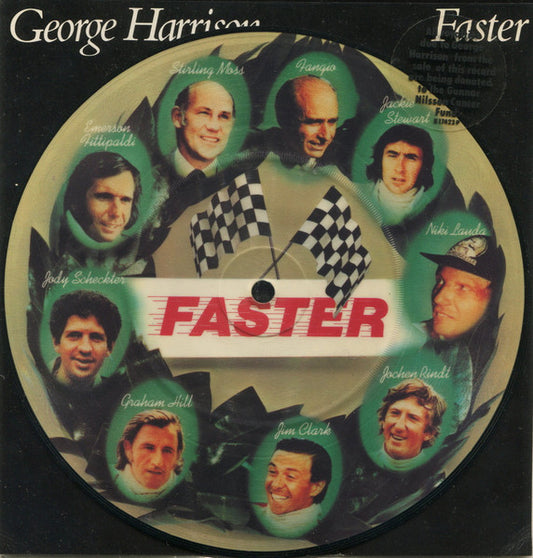 Image of Front Cover of 7" - VG+/EX - GEORGE HARRISON, Faster / Your Love Is Forever (WB; K17423, UK 1979, Stickered Clear Plastic Sleeve With Card Insert, Picture Disc), Slight Damage To Top Of Insert,  - 0926405E