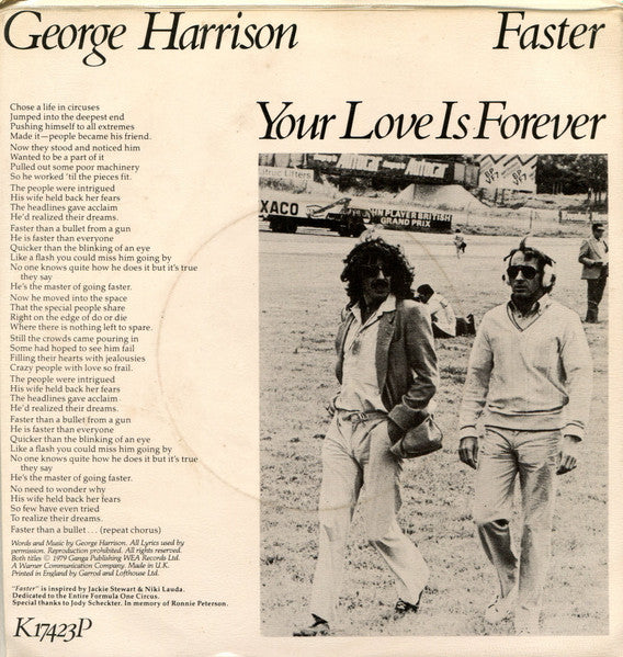 Image of Back Cover of 7" - VG+/EX - GEORGE HARRISON, Faster / Your Love Is Forever (WB; K17423, UK 1979, Stickered Clear Plastic Sleeve With Card Insert, Picture Disc), Slight Damage To Top Of Insert,  - 0926405E