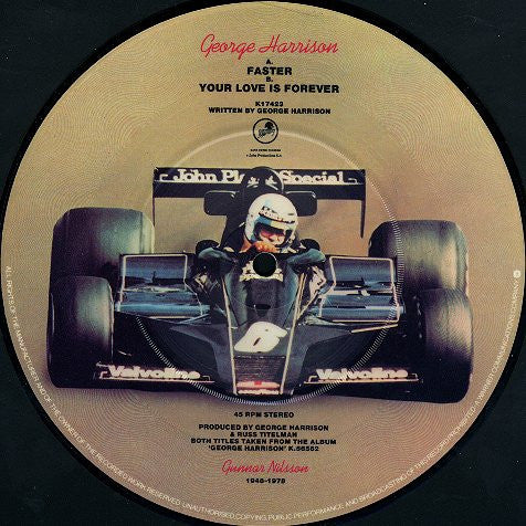 Image of Label Cover of 7" - VG+/EX - GEORGE HARRISON, Faster / Your Love Is Forever (WB; K17423, UK 1979, Stickered Clear Plastic Sleeve With Card Insert, Picture Disc), Slight Damage To Top Of Insert,  - 0926405E