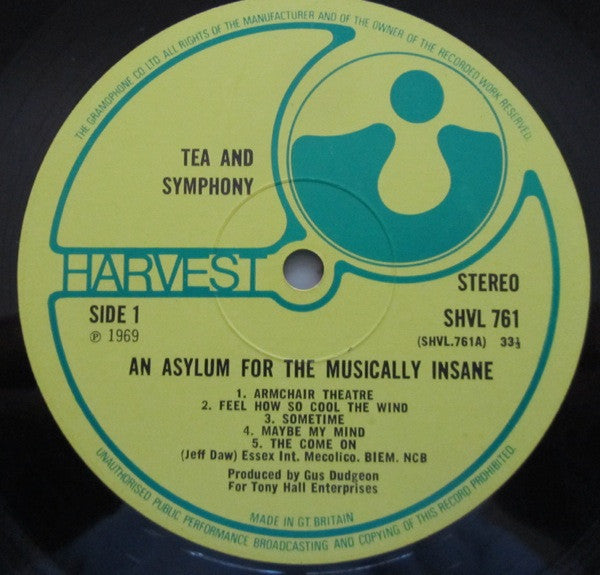 Image of Label Cover of LP - VG+/VG - TEA & SYMPHONY, An Asylum For The Musically Insane (Harvest; SHVL 761, UK 1969, Laminated Gatefold Sleeve), Matrix is A-3U/B-3U.,  - 1726393E