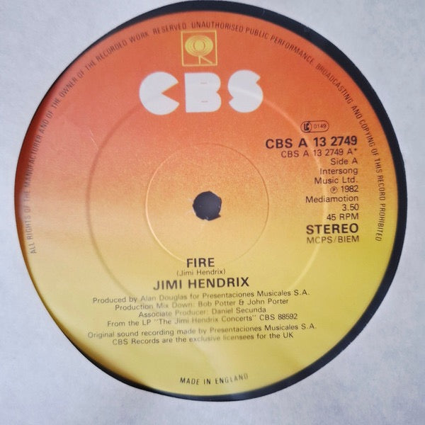 Image of Label Cover of 12" - VG/VG - JIMI HENDRIX, Fire / Are You Experienced (CBS Sunburst Labels; A 13-2749, UK 1982, Picture Sleeve), A few light marks,  - 3916073C