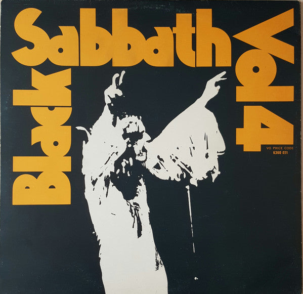 Image of Back Cover of LP - G/VG - BLACK SABBATH, Black Sabbath Vol 4 (Vertigo Spiral - No 'Made In England'; 6360 071, UK 1972, Gatefold With Glued-In Insert, Vertigo Swirl Poly-Lined Inner, First Press With The 1/3 On Label Between The E/B Of Side B), Strong VG. Feelable scratch on A side run in only. A couple light hairlines. Black paint on sleeve over discolouration. Large tear on back of sleeve held together by tape. Creasing and edge wear. Booklet intact. ,  - 3646451S