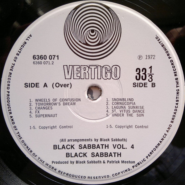 Image of Label Cover of LP - G/VG - BLACK SABBATH, Black Sabbath Vol 4 (Vertigo Spiral - No 'Made In England'; 6360 071, UK 1972, Gatefold With Glued-In Insert, Vertigo Swirl Poly-Lined Inner, First Press With The 1/3 On Label Between The E/B Of Side B), Strong VG. Feelable scratch on A side run in only. A couple light hairlines. Black paint on sleeve over discolouration. Large tear on back of sleeve held together by tape. Creasing and edge wear. Booklet intact. ,  - 3646451S