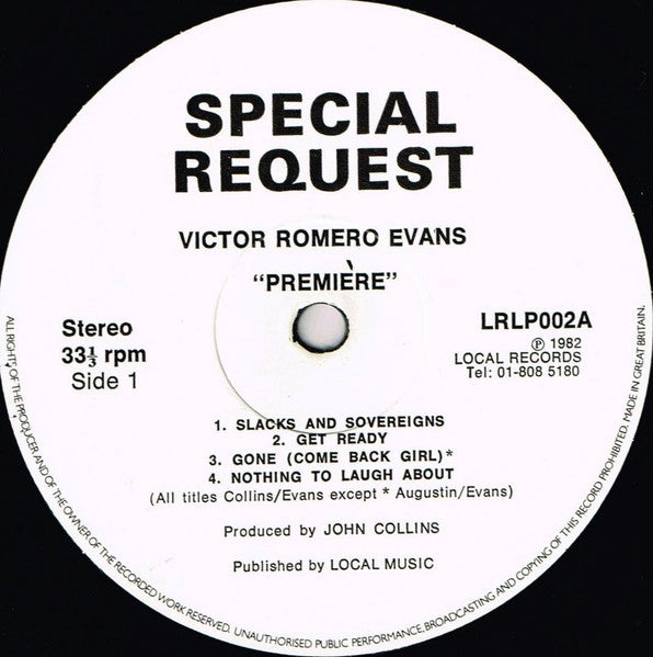 Image of Label Cover of LP - VG/EX - VICTOR ROMERO EVANS, Premiere (Special Request; LELP002, UK 1982, Picture Sleeve, Stkr), Sleeve in strong VG, close to VG+ with minor wear. Vinyl in great condition.,  - 4346334S