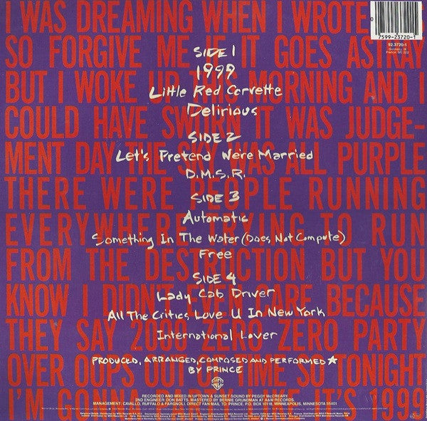 Image of Back Cover of 2xLP - VG/G+ - PRINCE, 1999 (Warner Bros. Records; 92.3720-1, UK 1980s Reissue, 2 Inners & Discography Insert, Barcode, GEMA/BIEM Boxes), Quite a few light marks.,  - 3516321C