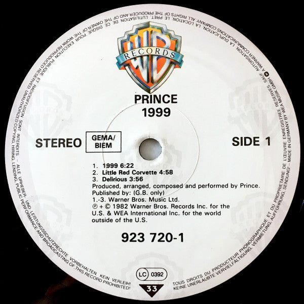 Image of Label Cover of 2xLP - VG/G+ - PRINCE, 1999 (Warner Bros. Records; 92.3720-1, UK 1980s Reissue, 2 Inners & Discography Insert, Barcode, GEMA/BIEM Boxes), Quite a few light marks.,  - 3516321C