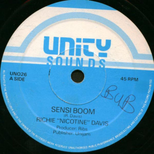 Image of Front Cover of 12" - /VG - RICHIE NICOTINE DAVIS, Sensi Boom  / Talk About Me (Unity; UN026, UK 1987), ,  - 1445087S