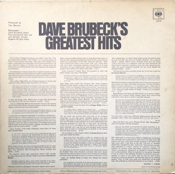 Image of Back Cover of LP - VG/VG - DAVE BRUBECK, Greatest Hits (CBS Orange (33 On Label); SBPG62710, UK 1966, Flipback Sleeve, Company Inner, Stereo), Strong VG across the board. Writing on sleeve reverse.,  - 3216134C