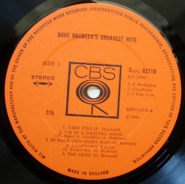 Image of Label Cover of LP - VG/VG - DAVE BRUBECK, Greatest Hits (CBS Orange (33 On Label); SBPG62710, UK 1966, Flipback Sleeve, Company Inner, Stereo), Strong VG across the board. Writing on sleeve reverse.,  - 3216134C