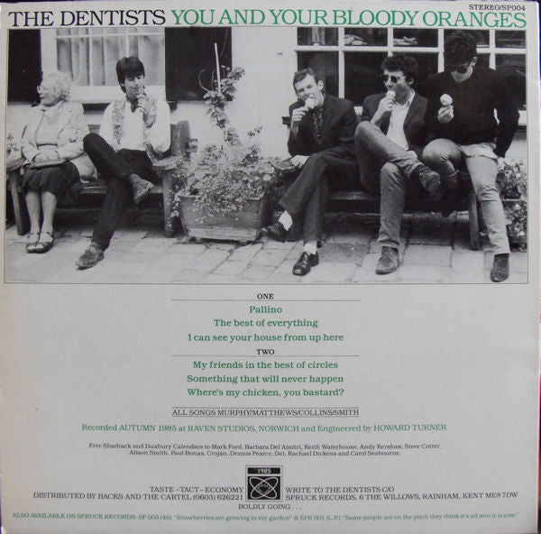 Image of Back Cover of Mini LP - VG+/VG+ - THE DENTISTS, You and Your Bloody Oranges (Spruck; SPR 004, UK 1985), Minor Top Seam Split,  - 3626086E