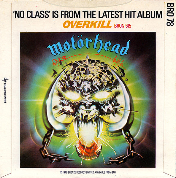 Image of Back Cover of 0556153S: 7" - MOTORHEAD, No Class / Like A Nightmare (Bronze; BRO78, UK 1979, Fast Eddie Picture Sleeve) Light hairlines. Ring and edge wear.   VG/VG