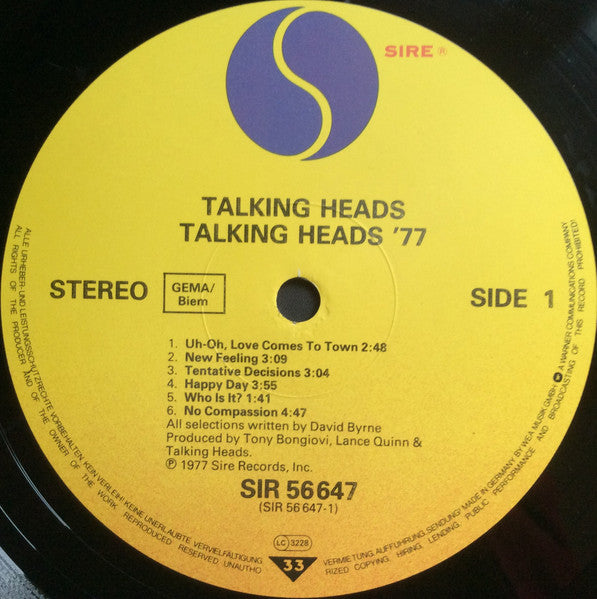 Image of Label Cover of LP - VG/G - TALKING HEADS, Talking Heads: 77 (Sire; SIR 56 647, Europe 1980s Reissue, Inner, "SIDE 1/2" Indicators, No Barcode, "GEMA/Biem" Rights Box), Many marks on the record - looks awful but plays surprisingly decently. Sleeve has lots of edgewear, small creases. ,  - 4126222E