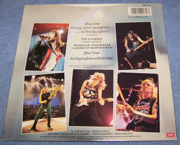 Image of Back Cover of 4624064E: 7" - IRON MAIDEN, Bring Your Daughter To The Slaughter (EMI; EMS 171, UK 1990, Picture Sleeve, B-Side Etched With Band Autographs & Xmas Messages) Water Damage To Sleeve  VG/VG