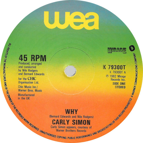 Image of Label Cover of 12" - VG/VG+ - CARLY SIMON, Why (Extended Version) (WEA (Rainbow); K 79300T, UK 1982, Picture Sleeve), light edgewear to sleeve,  - 2946018S