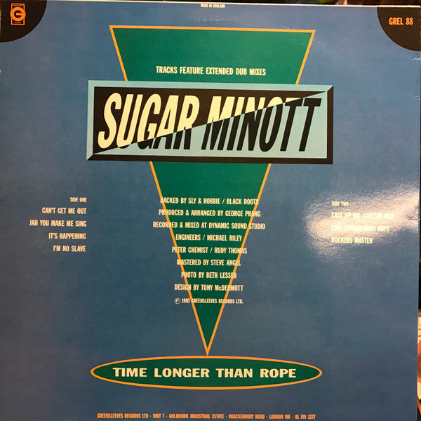 Image of Back Cover of LP - VG/VG - SUGAR MINOTT, Time Longer Than Rope (Greensleeves Records; GREL 88, UK 1986), Slight crease on sleeve. Light marks .,  - 4126070E