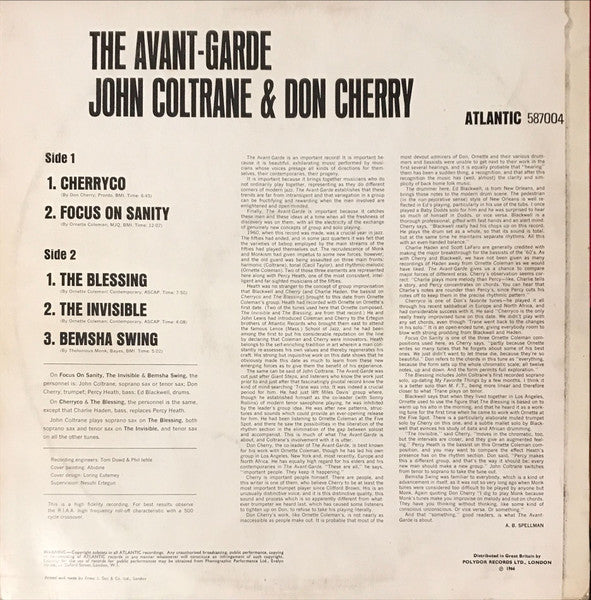 Image of Back Cover of LP - VG/EX - JOHN COLTRANE & DON CHERRY, The Avant-Garde (Atlantic Plum & Orange; 587004, UK 1966, Mono), Crease on corner of sleeve & light ringwear.,  - 4346179S