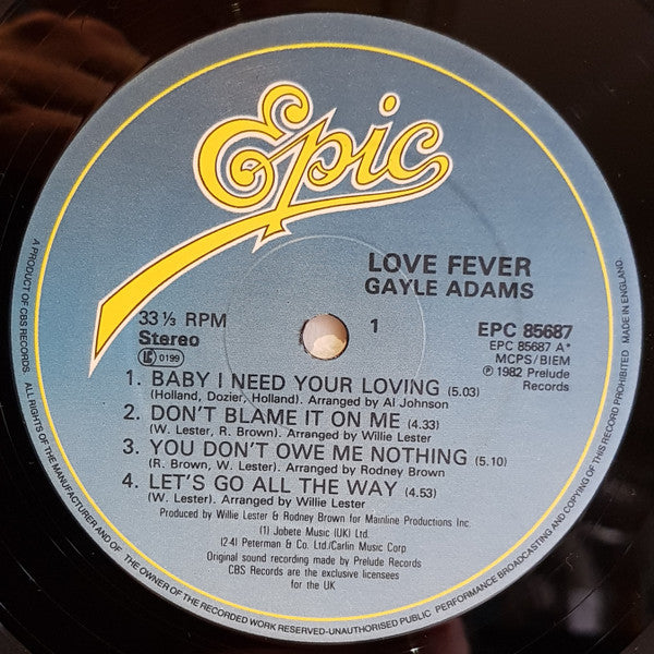 Image of Label Cover of LP - VG/VG - GAYLE ADAMS, Love Fever (Epic Dark Blue / Coloured Logo; EPC 85687, UK 1982), Light hairlines. Edgewear.,  - 4326126E