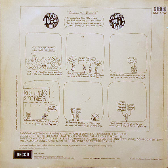 Image of Back Cover of LP - VG/VG - THE ROLLING STONES, Between The Buttons (Decca Blue Unboxed; SKL4852, UK 1967, Laminated Sleeve, Stereo, Mirage Music on Right of Label), ,  - 1726243E