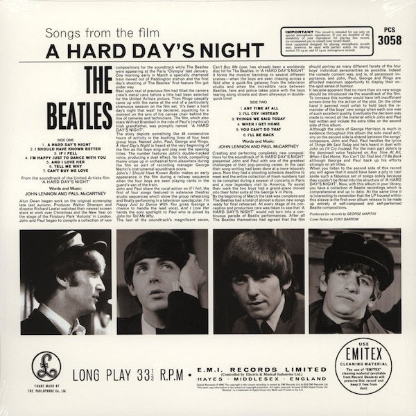 Image of Back Cover of 5053026S: LP - THE BEATLES, A Hard Day's Night (Apple Records ; 0094638241317, Europe 2012 Reissue, 180 Gram Vinyl)   NEW/NEW