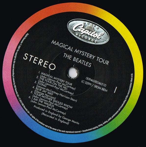 Image of Label Cover of LP - NEW/NEW - THE BEATLES, Magical Mystery Tour (Capitol; 3824651, UK 2012 Reissue, Gatefold, Booklet, 180 Gram Vinyl), , When recording their new songs for the film soundtrack / album , the Beatles continued the studio experimentation that had typified Sgt. Pepper's Lonely Hearts Club Band (1967) and the psychedelic sound they had pursued since Revolver (1966).  Featuring "I Am The Walrus", "Strawberry Fields Forever", and "All You Need Is Love".  - 0716335C