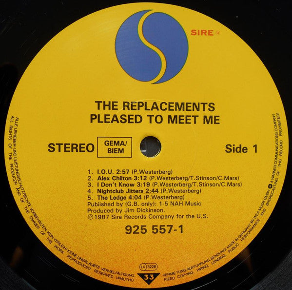 Image of Label Cover of LP - VG/VG - THE REPLACEMENTS, Pleased to Meet Me (Sire; 925 557, UK & Europe 1987, Inner), Light marks, edge wear, NB matrix is this version however slight label variance: only 2 lines of text below song titles,  - 3846245S