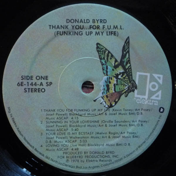 Image of Label Cover of LP - VG/VG - DONALD BYRD, Thank You...for F.U.M.L. (Elektra Butterfly (Specialty Pressing); 6E144, US 1978, Inner, w/ Logo on Rim), ,  - 3026174E