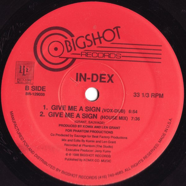 Image of Back Cover of 12" - /G+ - IN-DEX, Give Me A Sign (Bigshot; BR-129035, Canada 1988, Plain Sleeve), Strong G+, light marks only. Still im opened shrink.,  - 4126426E