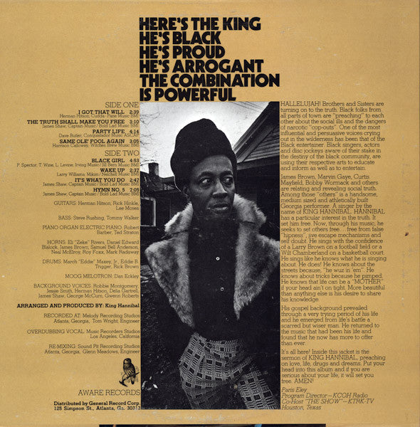 Image of Back Cover of LP - VG/VG - KING HANNIBAL, Truth (Aware; AWLP 1001, US 1973, Picture Sleeve), light marks only. still in shrink - opened but peeling,  - 3046336S