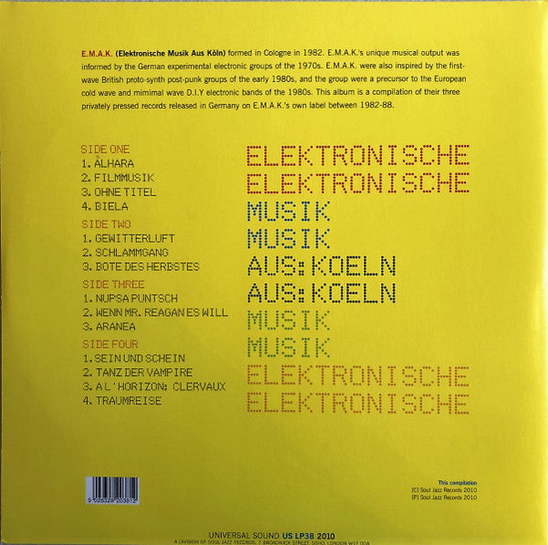 Image of Back Cover of 2xLP - VG+/VG+ - ELEKTRONISCHE MUSIK AUS KOLN, A Synthetic History of E.M.A.K. 1982-88 (Universal Sound; US LP38, UK 2010, Gatefold), ,  - 3826141E