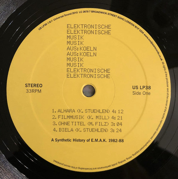 Image of Label Cover of 2xLP - VG+/VG+ - ELEKTRONISCHE MUSIK AUS KOLN, A Synthetic History of E.M.A.K. 1982-88 (Universal Sound; US LP38, UK 2010, Gatefold), ,  - 3826141E