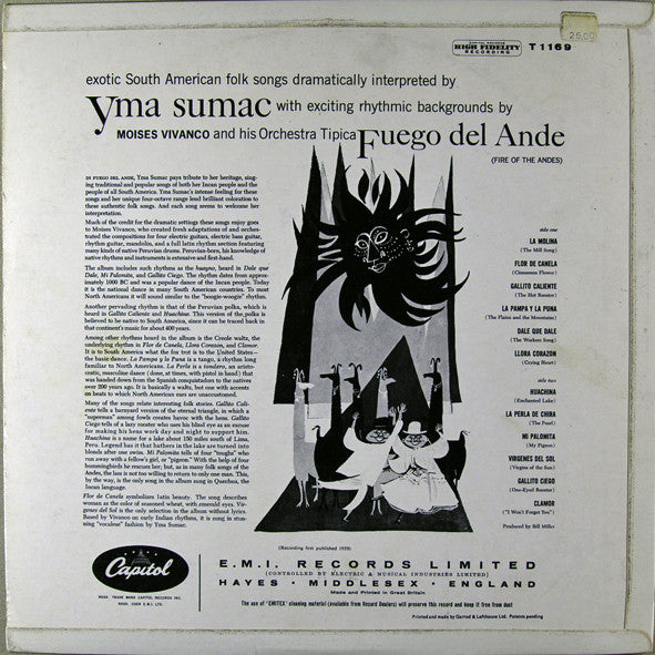 Image of Back Cover of LP - VG+/VG - YMA SUMAC, Fuego Del Ande (Capitol; T1169, UK 1959, Laminated Flipback Sleeve), ,  - 2826297E