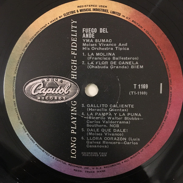 Image of Label Cover of LP - VG+/VG - YMA SUMAC, Fuego Del Ande (Capitol; T1169, UK 1959, Laminated Flipback Sleeve), ,  - 2826297E
