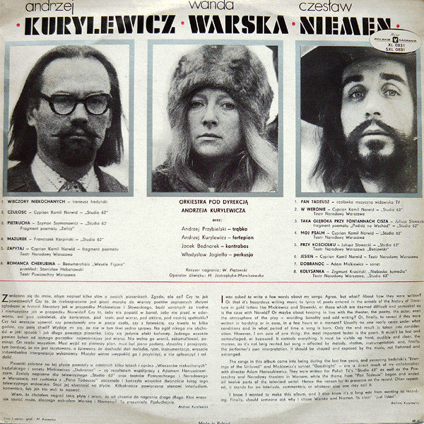 Image of Back Cover of LP - VG/VG - KURYLEWICZ / WARSKA / NIEMEN, Muzyka Teatralna I Telewizyna (Polskie Nagrania Muza; SXL 0831, Poland 1971), Edge and Ring Wear,  - 3826089E