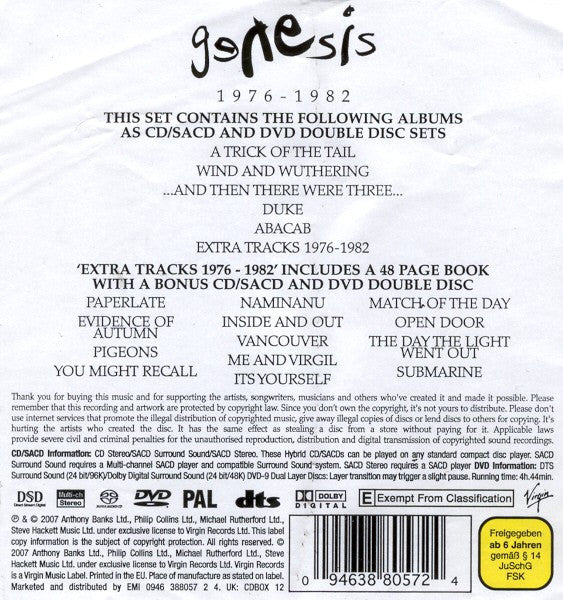 Image of Back Cover of 3535066E: 12xCD - GENESIS, 1976-1982 (Virgin; CDBOX12094638805724, Europe 2007, Box Set, Booklet, DVD - Audio, DVD-Video,SACD, Hybrid, Multichannel) Condition is near EX  VG+/VG+
