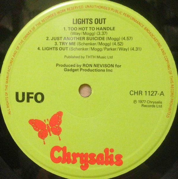 Image of Label Cover of 2514004C: LP - UFO, Lights Out (Chrysalis Green ; CHR 1127, UK 1977) Light mark on side 1, No poster  VG/VG