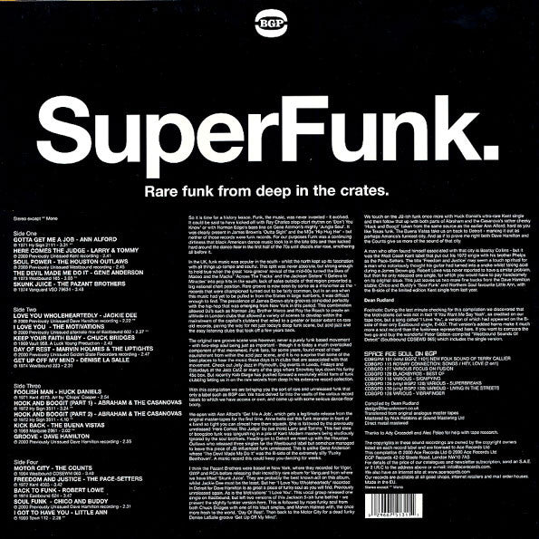 Image of Back Cover of 4614213C: 2xLP - VARIOUS, SuperFunk (BGP; BGP2 131, UK 2000) Sleeve has very damaged and ripped area at top of spine. Also general wear and scuffs  F/G+