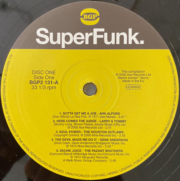 Image of Label Cover of 4614213C: 2xLP - VARIOUS, SuperFunk (BGP; BGP2 131, UK 2000) Sleeve has very damaged and ripped area at top of spine. Also general wear and scuffs  F/G+