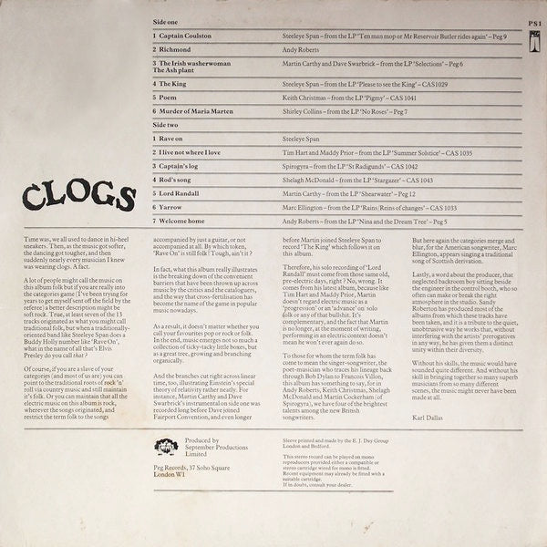 Image of Back Cover of 2914019C: LP - VARIOUS, Clogs (Pegasus; PS1, UK 1972, Insert)   VG+/VG+