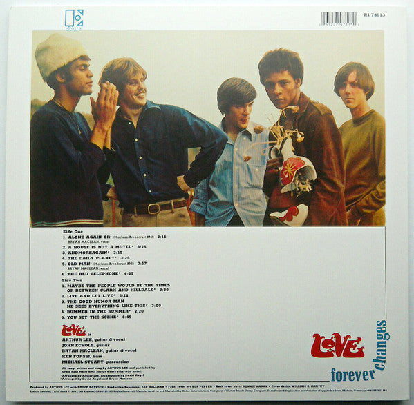 Image of Back Cover of LP - NEW/NEW - LOVE, Forever Changes (Rhino; 8122797115, Europe 2012 Reissue, 180 Gram Vinyl), , Forever Changes (1967) is the Love's third studio album. The band adopted a more subtle folk-oriented sound and orchestration for the album, while primary songwriter Arthur Lee explored darker themes alluding to mortality and his growing disillusionment with 1960s counterculture. It was the final album recorded by the original band lineup; after its completion, Bryan Maclean abruptly  - 06