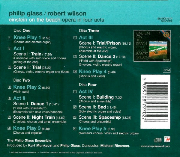 Image of Back Cover of 4xCD - VG/VG+ - PHILIP GLASS AND ROBERT WILSON, Einstein On The Beach (Sony; SM4K87970, UK 2003 Reissue, Box Set, Booklet, "Philip Glass Edition"), ,  - 1816072C