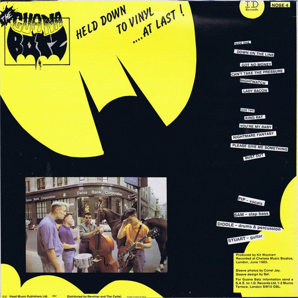 Image of Back Cover of 0516385C: LP - GUANA BATZ, Held Down to Vinyl at Last (ID; NOSE4, France 1985, Inner) Light Marks only. Laminate lift on rear sleeve  VG/VG