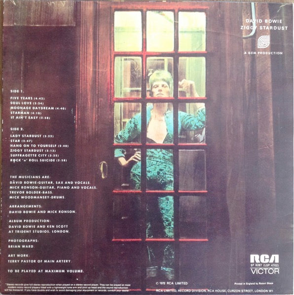 Image of Back Cover of LP - VG/G+ - DAVID BOWIE, The Rise And Fall Of Ziggy Stardust And The Spiders From Mars (RCA Victor Orange With Stereo; SF 8287, UK 1972, Inner, First UK issue. 1E/1E Matrix. Titanic/Chrysalis publishing.), A few light scratches, edge & ring wear, seam splits on Inner,  - 3046109S
