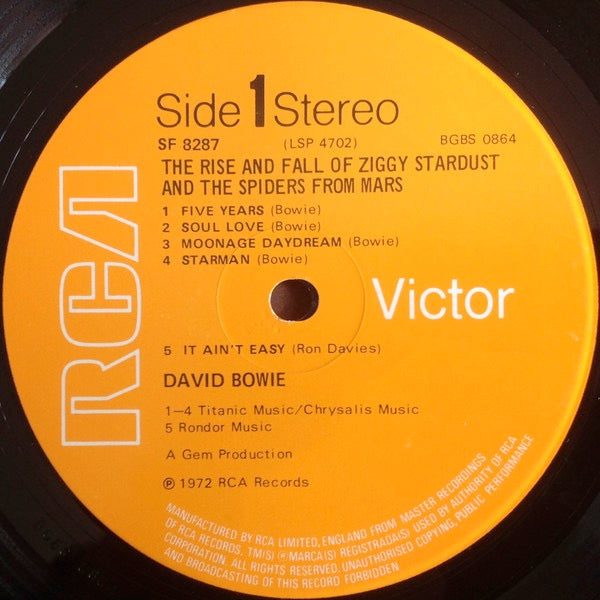 Image of Label Cover of LP - VG/G+ - DAVID BOWIE, The Rise And Fall Of Ziggy Stardust And The Spiders From Mars (RCA Victor Orange With Stereo; SF 8287, UK 1972, Inner, First UK issue. 1E/1E Matrix. Titanic/Chrysalis publishing.), A few light scratches, edge & ring wear, seam splits on Inner,  - 3046109S