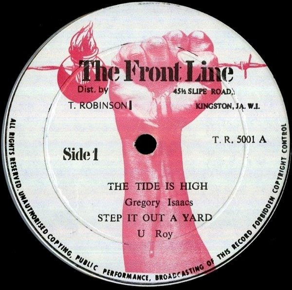 Image of Label Cover of 12" - G/VG+ - GREGORY ISAACS & U ROY / THE REVOLUTIONARIES / THE GLADIATORS, Tide Is High / Step It Out A Yard / Black Saturday (The Front Line; TR 5001, Jamaica 1979, Company Sleeve), Shiny copy.,  - 3646181S