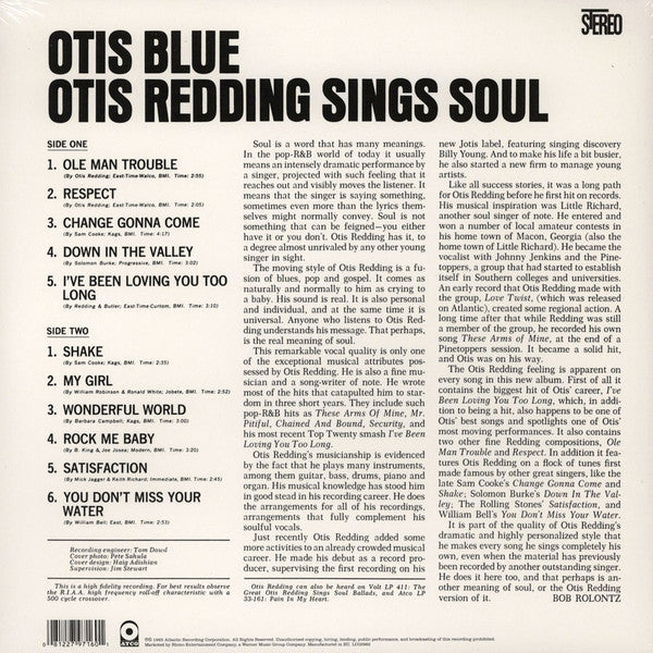Image of Back Cover of 4735234E: LP - OTIS REDDING, Otis Blue (Atco; 0081227971601, UK 2012 Reissue, Blue Vinyl)   NEW/NEW