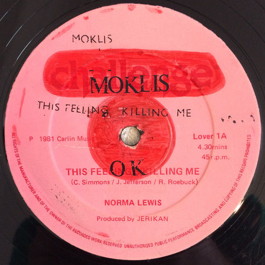 Image of Front Cover of 4915331C: 12" - NORMA LEWIS, This Feeling's Killing Me / The Girl's A Fool (Challenge Records; LOVER1, UK 1981) Loads of marks and scuffs, plays above grading. Clean labels.  /G+
