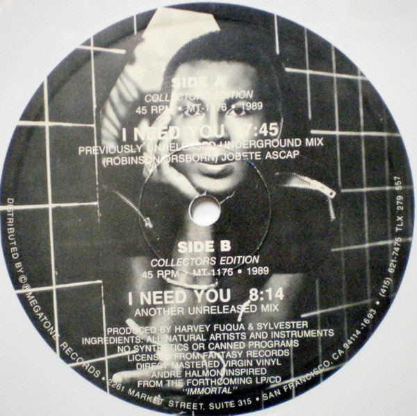 Image of Back Cover of 0426318E: 12" - SYLVESTER, I Need You (Unreleased Mixes) (Megatone; MT-1176, US 1989, White Vinyl) One or two very light marks, otherwise great condition  /VG+