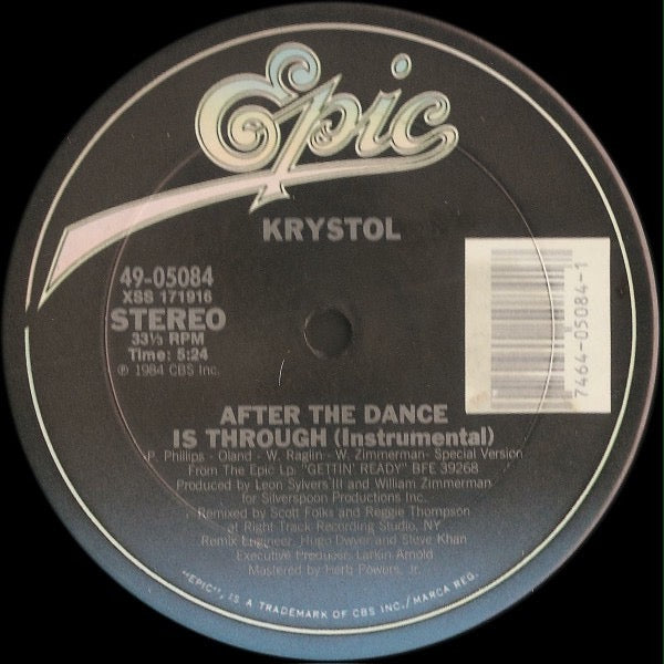 Image of Back Cover of 5114584C: 12" - KRYSTOL, After The Dance Is Through (Epic; 49-05084, US 1984, Plain Sleeve) Light Marks only.  /G+